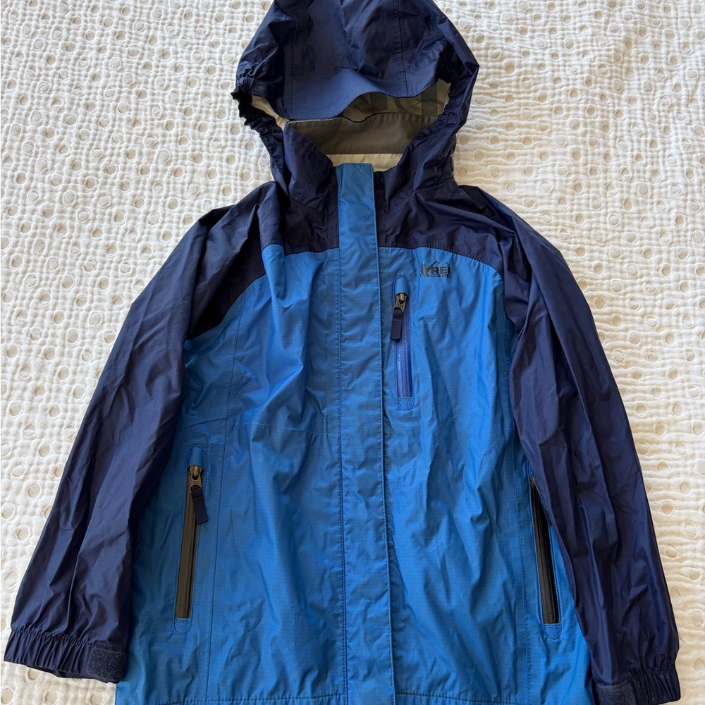 REI Kids Two-Tone Blue Hooded Rain Jacket